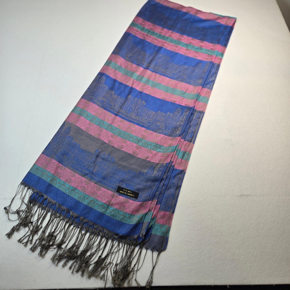 Unbranded Silk Shawl Women OS Blue Pink Excellent Angkor Wat Cambodia Scarf Wrap - Picture 6 of 7